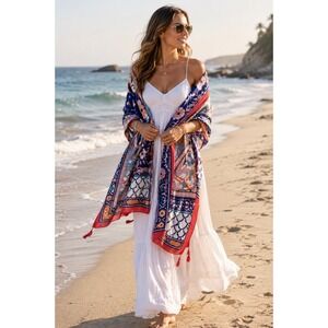 Mindful Souls Bohemian Mosaic Tassel Scarf Blue Red Beach Sarong Wrap